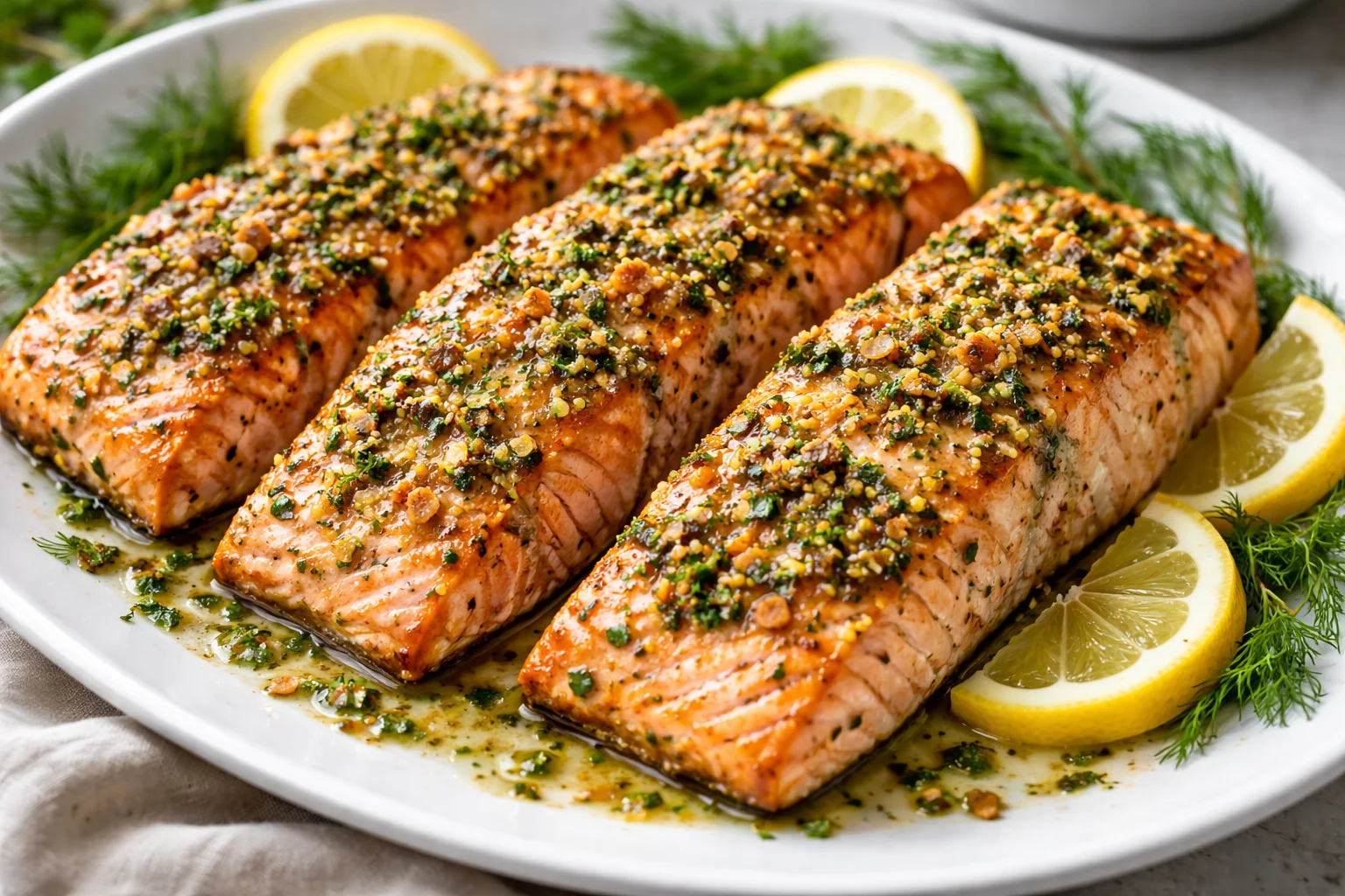 Baked salmon with garlic, Dijon, and herbs