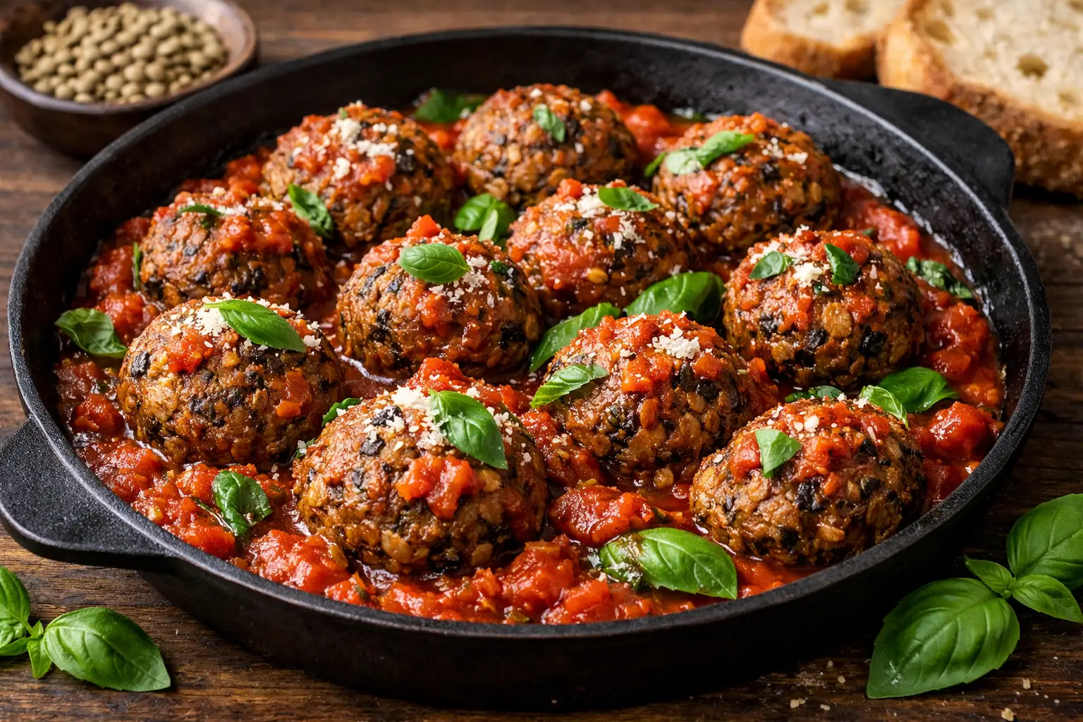 Lentil-and-mushroom “meatballs” with tomato-basil sauce