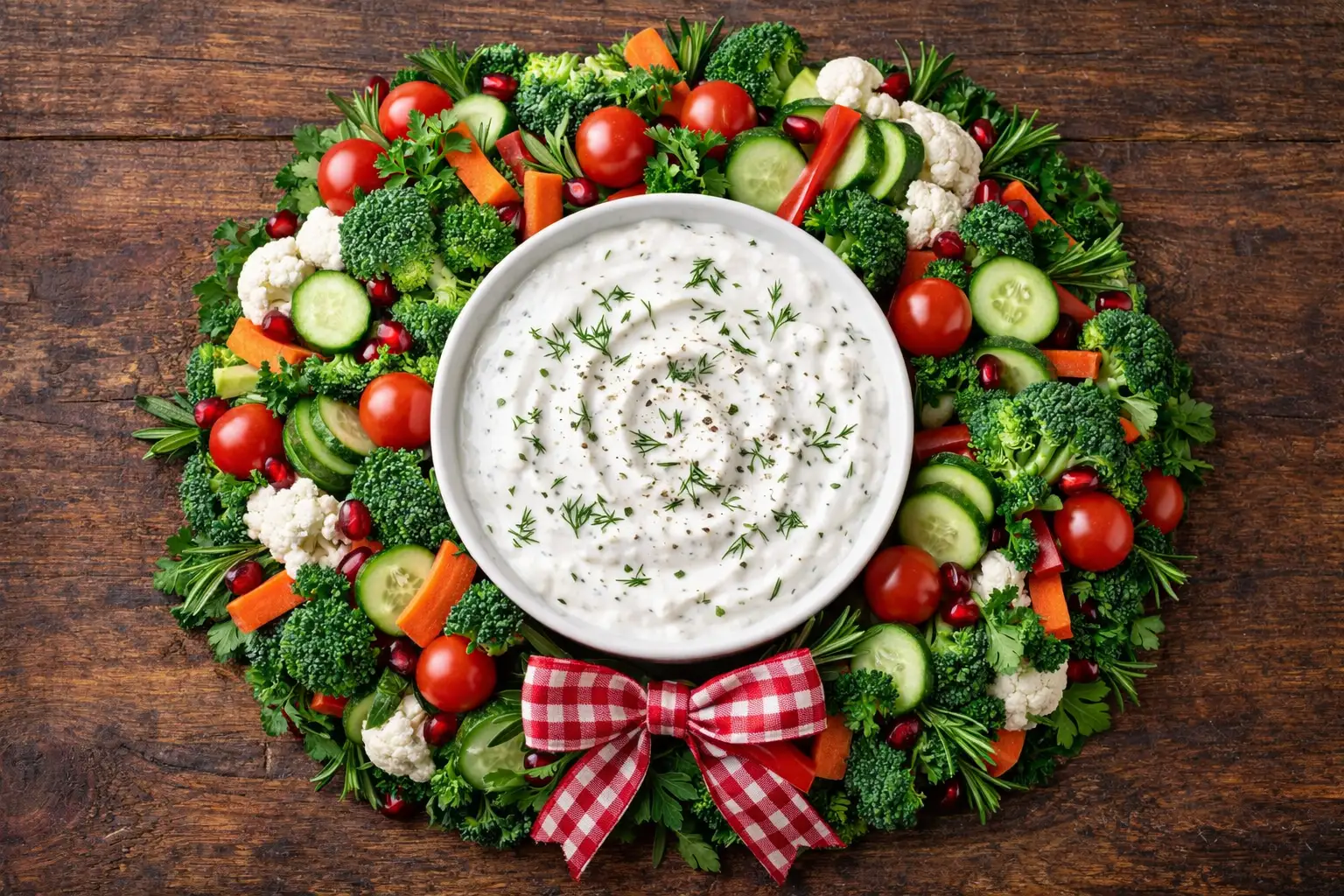 Greek yogurt ranch dip with a veggie crudite wreath