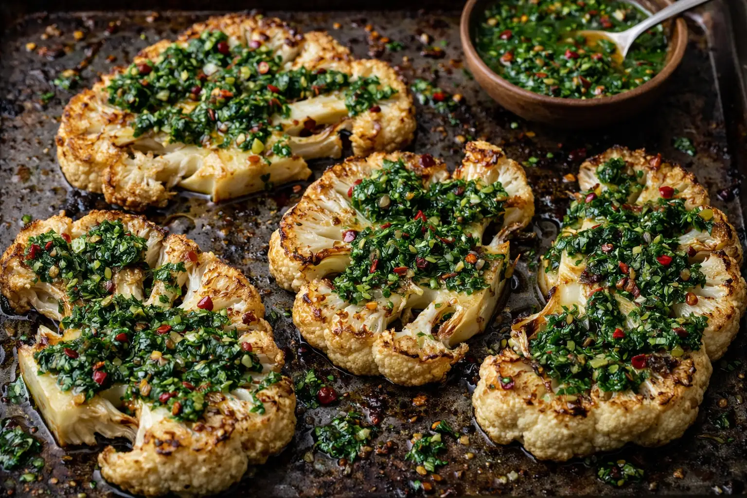 Roasted cauliflower steaks with chimichurri