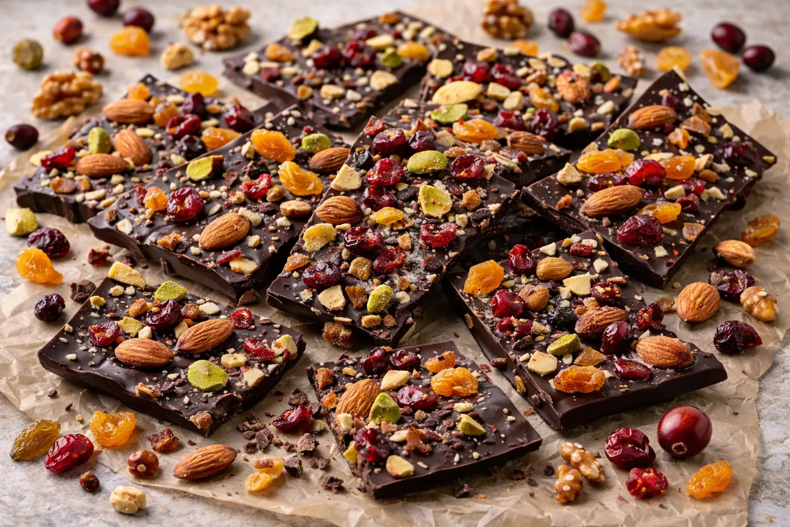 Dark chocolate bark with nuts and dried fruit