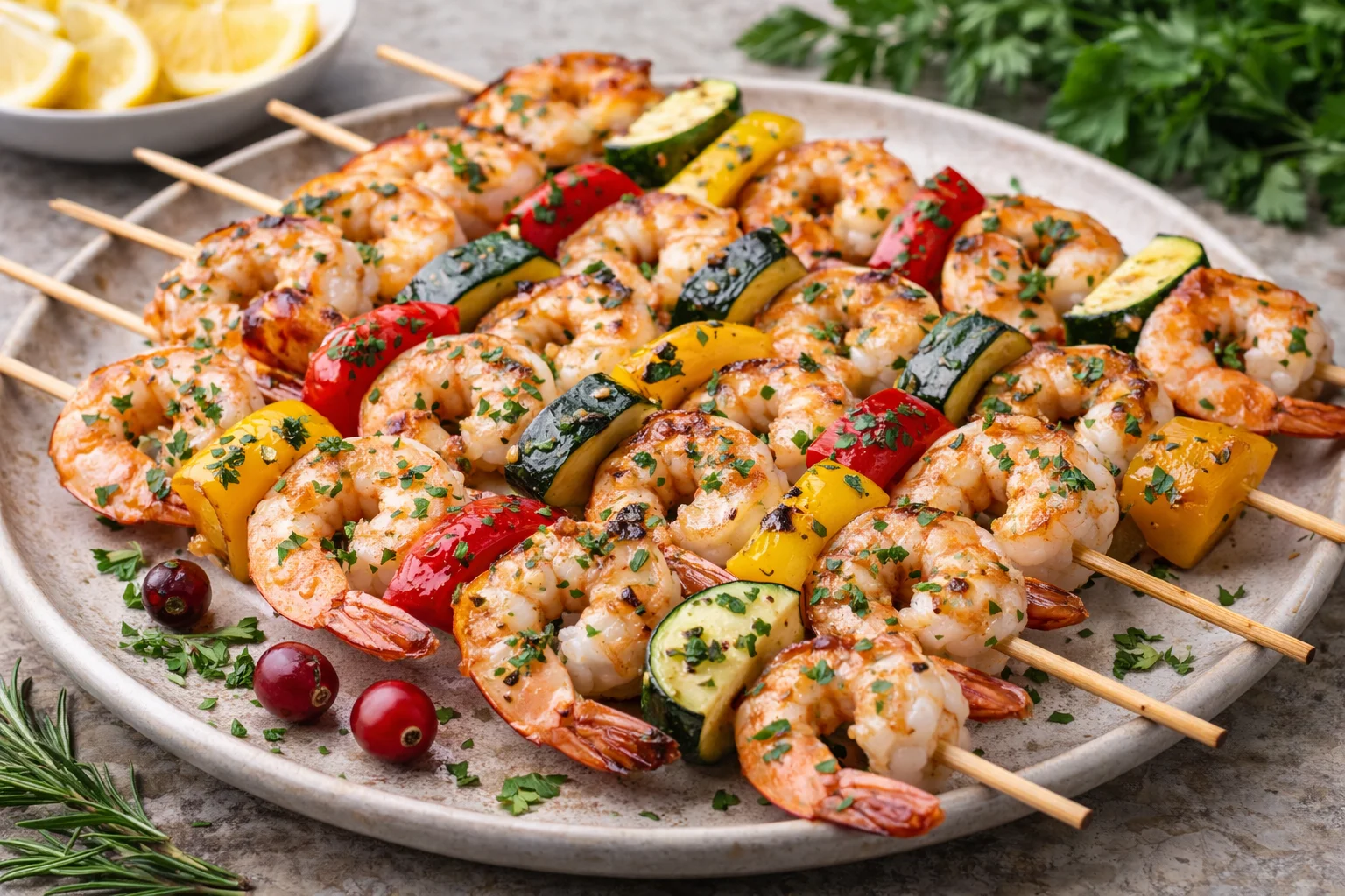 Garlic shrimp skewers with bell peppers and zucchini