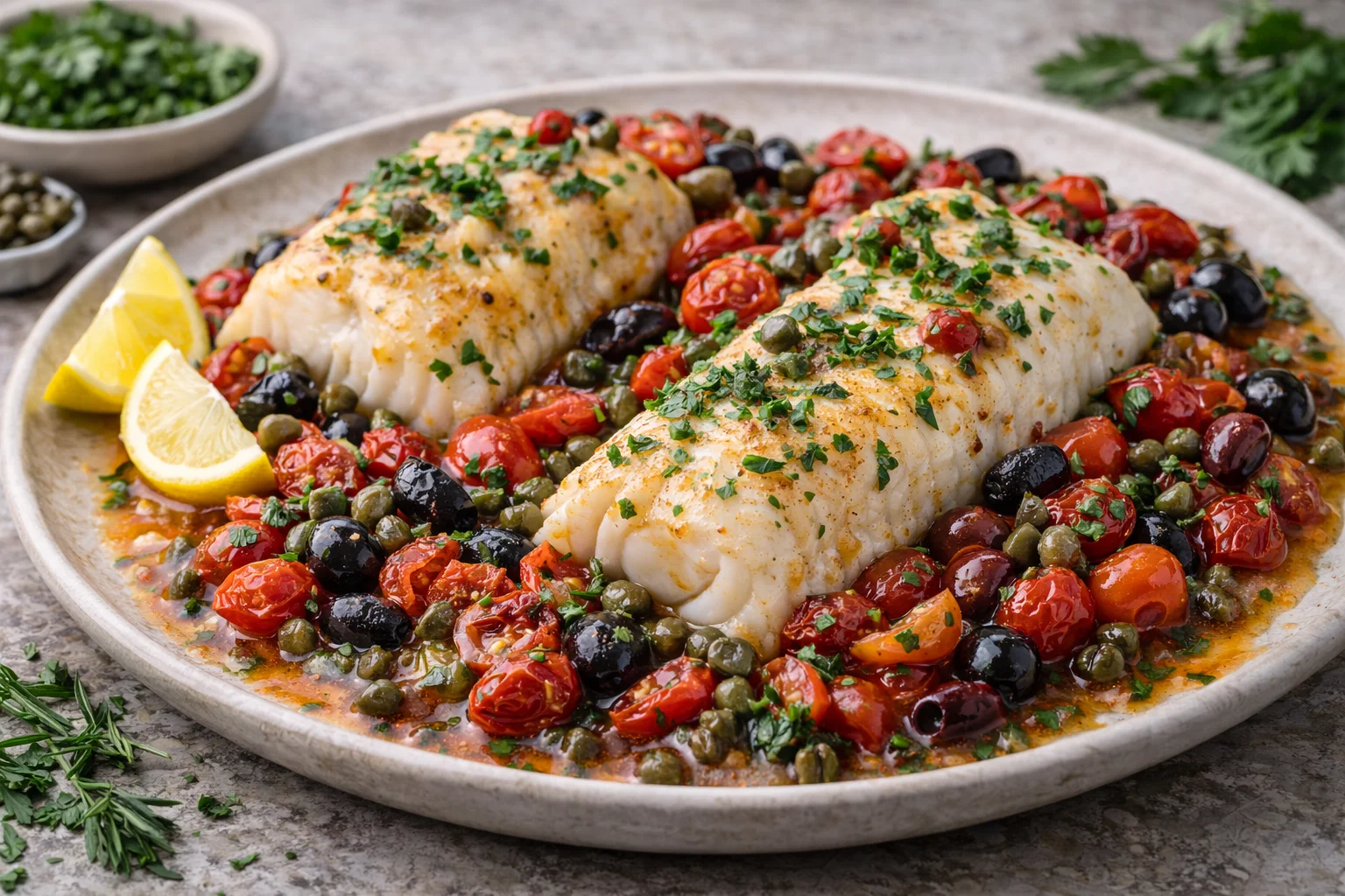 Oven-baked cod with tomato, olives, and capers