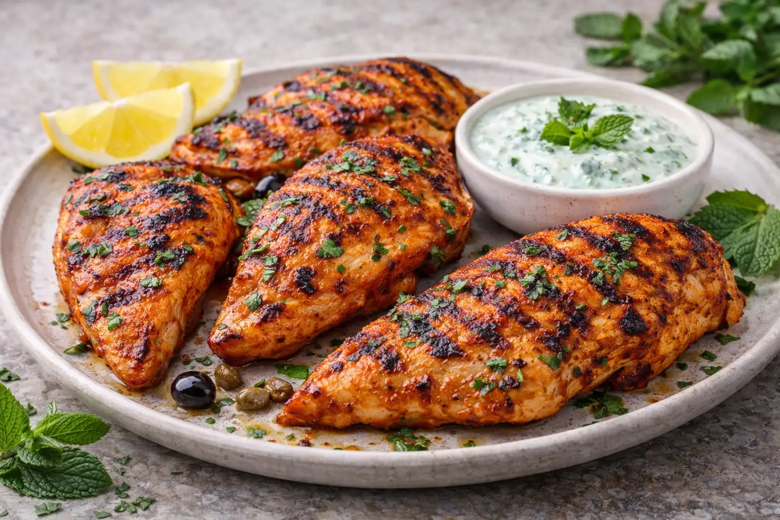 Grilled/tandoori-style chicken breast with mint-yogurt dip