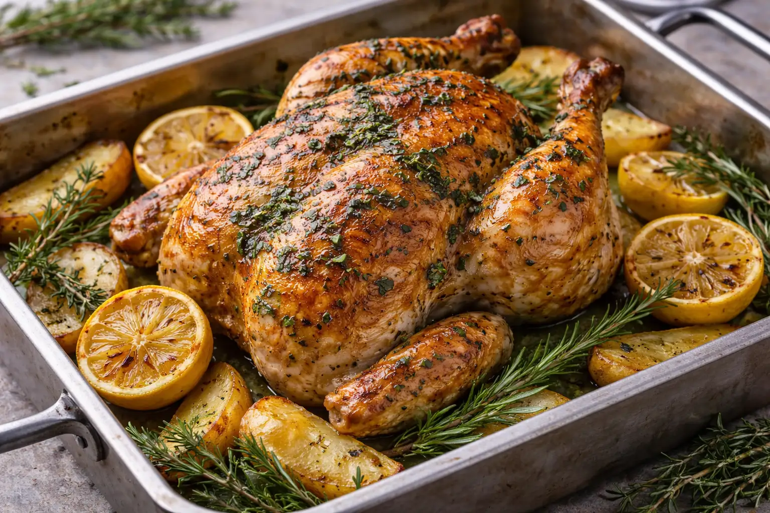 Roast chicken with herbs and roasted lemons