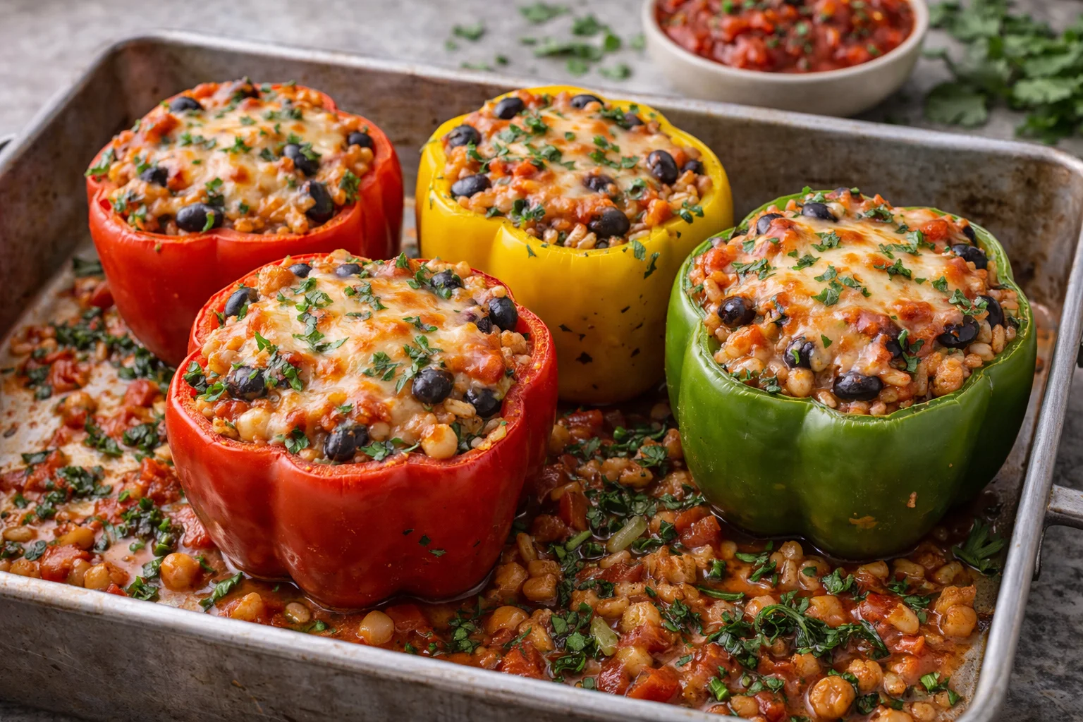 Stuffed bell peppers with brown rice, beans, and salsa
