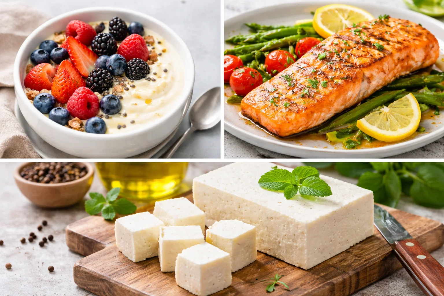 Greek yogurt with berries, grilled salmon, and fresh paneer cubes