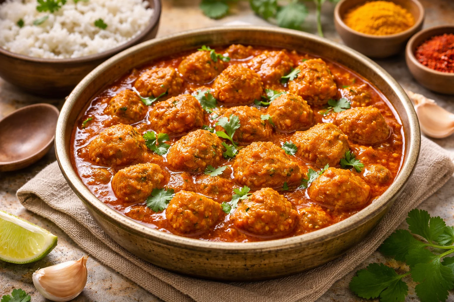 Spicy Indian style soya chunks curry in a bowl