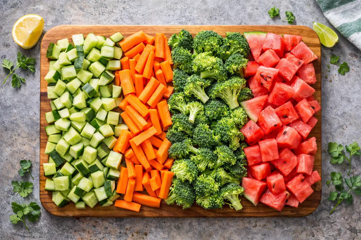Assortment of fresh cucumbers, carrots, broccoli, and watermelon for volume eating