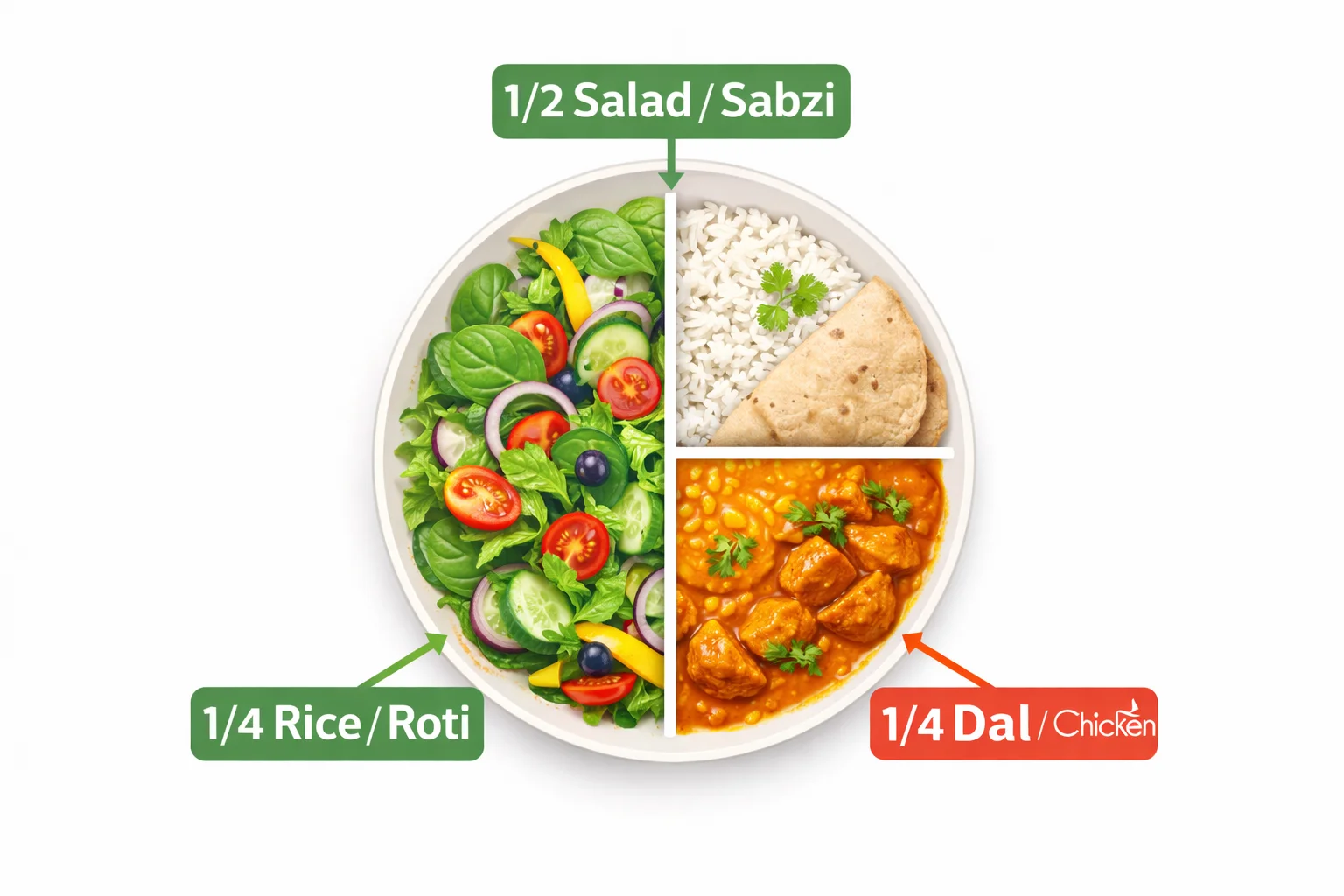  Diagram showing a plate divided into half vegetables, quarter protein, and quarter carbohydrates.